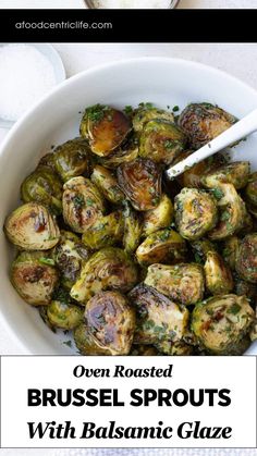 brussel sprouts with balsamic glaze in a white bowl