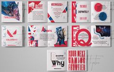 an assortment of brochures are displayed on a wall with red, white and blue designs