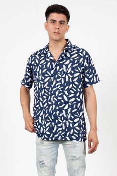 Navy & White Pattern Woven Short-Sleeve Button Up Casual Buttoned Camp Shirt For Beach, Casual Short Sleeve Shirt With Buttons For Beach, Casual Short Sleeve Button Shirt For Beach, Summer Vacation Short Sleeve Shirt With Buttons, Summer Beach Short Sleeve Shirt With Button Closure, Summer Camp Collar Short Sleeve Shirt, Printed Short Sleeve Shirt For Day Out, Casual Printed Short Sleeve Shirt For Beach Season, Summer Vacation Short Sleeve Shirt With Button Closure