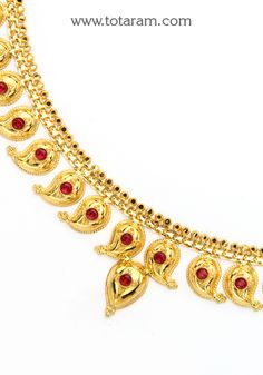 22 karat gold 'mango' mala / necklace with red stones. 
    - 235-GN105 - in 46.600 Grams for USD $5,001.35 USD. 
Made in India by Totaram Jewelers Online this product is in Gold - 22 Karat BIS Hallmark 916 Gold  & is an excellent gift for Adult - Women. Ships fully insured with secured guaranteed delivery for free with your order over $250 from New Jersey USA & comes with 30 days exchange policy. 22k Gold Red Jewelry, Formal Red 22k Gold Jewelry, Traditional Hallmarked Red Necklace, Gold Temple Necklace With Ruby For Celebration, Gold Ruby Temple Necklace, Celebration Gold Temple Necklace With Ruby, Formal 22k Gold Red Jewelry, Festive Red 22k Gold Jewelry, Red 22k Gold Temple Necklace For Celebration