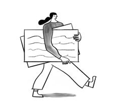 a drawing of a woman carrying a large piece of wood