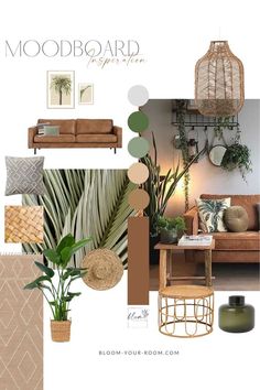 the mood board is filled with neutrals and green accents, such as plants, pillows,