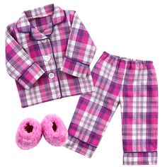 Sophia's Flannel Pajama & Slippers Set for 18'' Dolls, Pink Pajama Slippers, Plaid Pjs, Kids Flannel, Pink Flannel, Cute Pajama Sets, Pink Slippers, Our Generation Dolls, White Flannel, Hot Pink Color