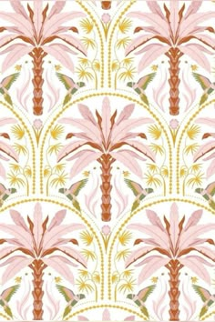 a pink and yellow wallpaper with palm trees