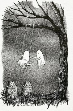 two ghostes hanging from a tree in the dark