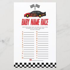 a baby name race game with a car on it