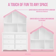 a pink and white dollhouse with instructions on how to fit the furniture in it