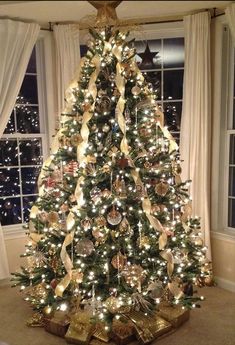 a decorated christmas tree with gold and silver ornaments in front of two windows at night