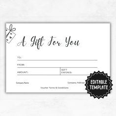 a gift for you certificate is shown on a white background with black and white lettering