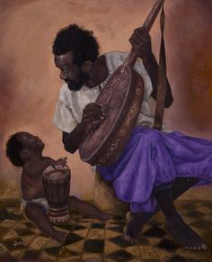 a painting of a man playing with a child