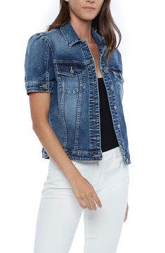 Short puff sleeves lend a boxy fit to this denim jacket that's a go-to staple for warm weather. Front button closure Spread collar Short sleeves with button cuffs Chest button-flap pockets Unlined 90% cotton, 9% polyester, 1% spandex Machine wash, tumble dry Imported Women's Clothing Denim Jacket Over Dress, Short Sleeve Denim Jacket, Short Sleeve Denim, Denim Jacket Short, Blue Denim Jacket, Denim Jean Jacket, Denim Jackets, Sleeve Detail, Denim Vest