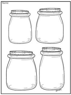 four jars with lids are shown in black and white