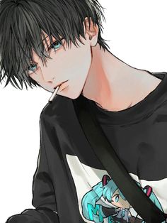 an anime boy with black hair wearing a t - shirt and holding a bag over his shoulder