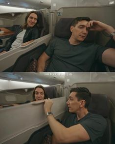 two pictures of a man and woman sitting on an airplane