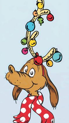 a cartoon dog with christmas decorations on its head