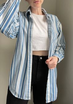 "100% cotton 90s striped button down. Great to wear open as a layering piece or tucked in. Tag is Teez Me in the best 90s font and graphic. If you're looking for a classic layer or button down for your closet, this is it! Labeled men's medium, best for unisex small to large depending on desired fit. Measurements (laying flat) PTP 18\" Length 27.5\" This is a vintage piece, please handle with care." 90s Font, Handle With Care, Mens Oxfords, Layering Pieces, Button Downs, Layering, Mens Outfits, Closet, How To Wear