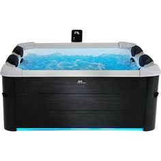 an inflatable hot tub is shown with blue water and black trimmings