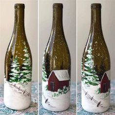 three pictures of a wine bottle with a barn and trees painted on the bottles side by side