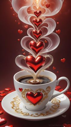 a cup of coffee with hearts coming out of it and floating in the air above