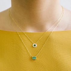 Emerald Lexie Necklace Emerald Pendant Necklace, Emerald Halo, Jennie Kwon, Baguette Necklace, Emerald Necklace Pendant, Diamond Mangalsutra, Unique Handcrafted Jewelry, Halo Necklace, Emerald Pendant