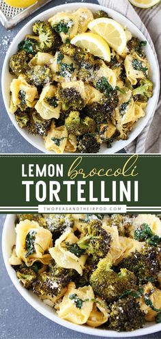 broccoli tortellini with lemons and parmesan cheese on top