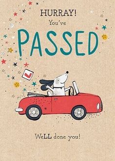 a card with a dog driving a red car that says, hurry you've passed well done you