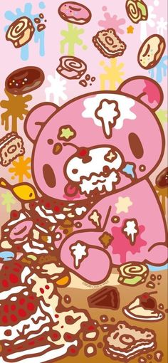 a pink teddy bear surrounded by donuts and other food items on a table with sprinkles all over it