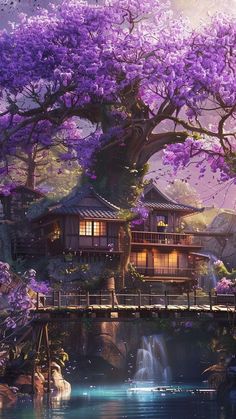 a tree with purple flowers in front of a house on a bridge over a body of water