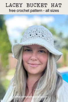 a woman wearing a white crochet hat with text overlay that reads lacy bucket hat free crochet pattern - all sizes