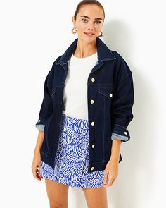 Easy fit, long sleeve, button front denim jacket. 27" in length (based on a size small/4). Skims the body. Roomier fit.  Repreve® Denim (74% Cotton, 24% Repreve Recycled Polyester, 2% Spandex). Machine wash cold, delicate cycle, separately, or dry clean. Imported. Layer any look with our timeless Brixley Denim Jacket. Chic Relaxed Fit Long Sleeve Denim Jacket, Chic Dark Wash Relaxed Fit Denim Jacket, Chic Oversized Denim Jacket With Button Closure, Chic Long Sleeve Denim Jacket With Button Cuffs, Chic Denim Jacket With Button Cuffs, Chic Dark Wash Buttoned Outerwear, Chic Dark Wash Outerwear With Buttons, Outerwear Jackets, Lilly Pulitzer