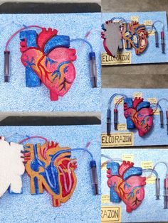 four different images of the human heart with electrical cords and wires attached to it,