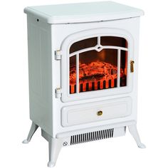 a white stove with an open door on the front and side doors showing fire in it