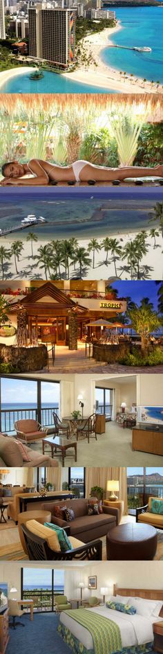 four different views of the beach and hotels