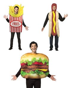 three men dressed in costumes that look like hamburgers, fries and hotdogs