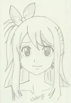 a drawing of a girl with big eyes and a bow in her hair, she is wearing