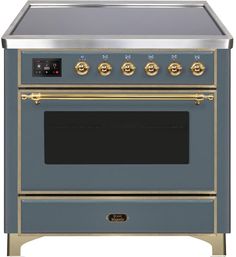 ILVE 36 Majestic II Series Freestanding Electric Single Windowed Oven Range with 5 Elements in Blue Grey with Brass Trim (UMI09NS3BGG) - Ranges - ILVE - Home Outlet Direct Bosch Kitchen, Ilve Range, Freezer Accessories, Kitchen Centerpiece, Freestanding Cooker, Induction Range, Luxury Appliances, Brass Trim, Cool Doors