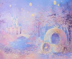 an abstract painting of a castle with lots of lights in the sky and trees around it