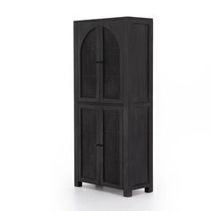 a tall black cabinet with two doors on one side and an open door on the other