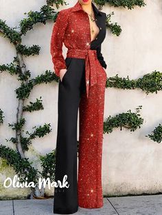 Olivia Mark - Contrast Sequin Long Sleeve Bootcut Jumpsuit Jumpsuit Casual, Pocket Jumpsuit, Loose Jumpsuit, Moda Chic, Jumpsuit Elegant, Jumpsuit Outfit, فستان سهرة, Red Jumpsuit, Romper Outfit