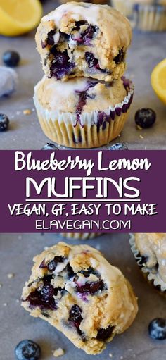 blueberry lemon muffins are stacked on top of each other