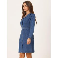 This women's denim shirt dress features a lapel-collared design that exudes classic elegance. The belt accent and pockets add a touch of modernity to this versatile piece. Made of denim materials, this dress is built to last. It's comfortable to wear and is designed to keep you looking stylish all day long. Whether you're running errands or attending a casual event, this dress will keep you looking chic and put-together. Dress it up with heels or keep it casual with sneakers - the possibilities Fall Collared Blue Denim Dress, Denim Button-up Dress For Work, Fitted Collared Denim Dress For Work, Classic Denim Dress For Work With Button Closure, Fitted Collared Belted Denim Dress, Fitted Collared Denim Dress With Belt, Collared Dark Wash Denim Dress With Buttons, Collared Denim Dress With Button Closure For Work, Collared Denim Blue Shirt Dress With Pockets