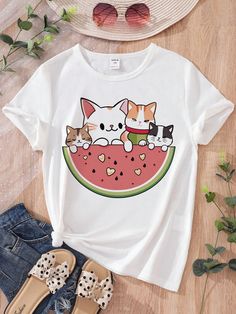 White Casual Collar Short Sleeve Fabric Cartoon  Embellished Medium Stretch  Tween Girls Clothing Watermelon Shirt, Fashion Illustration Collage, Watermelon Print, Girls T Shirts, Comfy Tops, Casual T Shirt, Kids Sleepwear, Cartoon Cat, Kids Beachwear