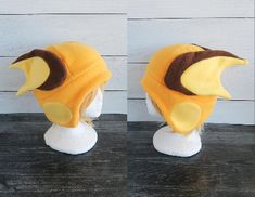 two pictures of a yellow and brown hat on a white mannequin's head