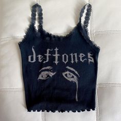 DEFTONES HANDMADE LACE TANK 🖤 this cropped black... - Depop Deftones Tee Shirt, Shirt Ideas Bleach, Bleached Band Tee, Deftones Bleached Shirt, Bleach Painting Tank Top, Bleach Shirt Ideas Y2k, Bleach Band Tee, Deftones Crop Top, Lace Tank Top Outfit Ideas