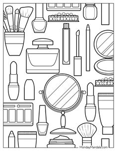 a coloring page with makeup and cosmetics items