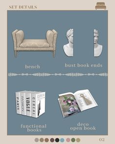 an info sheet with different types of furniture and books on it's sides, including two