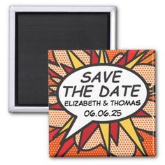 save the date magnet with an orange and yellow burst design on it's side