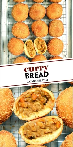 several different types of breads and muffins on a wire rack with the words curry bread above them