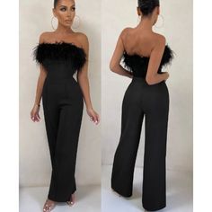 Club L First Class Bandeau Feather Wide Leg Jumpsuit Black Women's Size Us 2 Msrp: $158 Item Condition: Worn 1 X For Photo, Excellent Condition No Flaws Brand: Club L Size: 2 Color: Black Premium Stretch Crepe Strapless Bandeau Neckline Feather Trim Boned Bodice Invisible Zip Closure Wide Legs 95% Polyester, 5% Elastane Trim: 100% Real Feathers Dry Clean Pit To Pit 15'' Waist 13'' Inseam 33.5'' This Jumpsuit Is Perfect For High-Fashion Events, Evening Parties, Or Any Occasion Where You Want To M Strapless Bandeau Jumpsuit For Party, Strapless Pantsuit For Night Out, Black Bandeau For Night Out, Black Glamorous Strapless Jumpsuit, Glamorous Strapless Sleeveless Black Jumpsuit, Glamorous Black Strapless Jumpsuit, Black Fitted Bandeau Strapless Jumpsuit, Black High Waist Pantsuit For Party, Black Fitted Bandeau Jumpsuits And Rompers