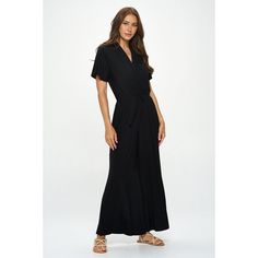 This is the perfect pull-on & throw-on surplice neck jumpsuit with flutter sleeve, no matter the occasion. Its composed of a soft knit fabric with the elastic waistwith a tie designed to give your natural waist fit, and with a wide leg opening for extra comfort and ventilation. This is a great versatile go-to piece. Two side-pockets. Made in USA. Machine washable. Casual Belted V-neck Jumpsuits And Rompers, Vacation Jumpsuits And Rompers With V-neck And Elastic Waistband, Black Maxi Length Casual Jumpsuits And Rompers, V-neck Maxi Dress With Tie Waist, V-neck Belted Jumpsuits And Rompers For Vacation, Belted V-neck Jumpsuit For Vacation, Belted V-neck Jumpsuits And Rompers For Vacation, Solid Maxi Length Jumpsuits And Rompers For Loungewear, Maxi Length Jumpsuits And Rompers For Loungewear